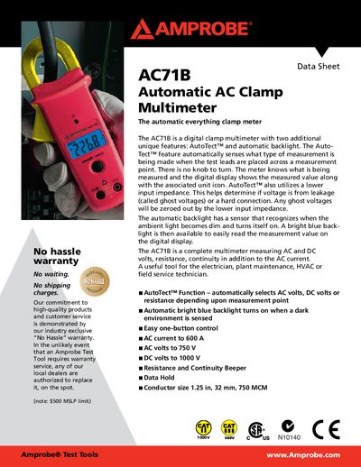 Amprobe AC71B Automatic AC Clamp Multimeter Datasheet - cover page