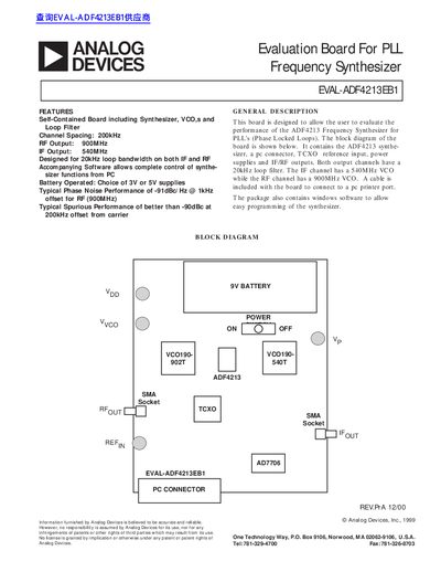ANALOG DEVICES Evaluation Board For PLL Frequency Synthesizer EVAL-ADF4213EB1 Manual - cover page
