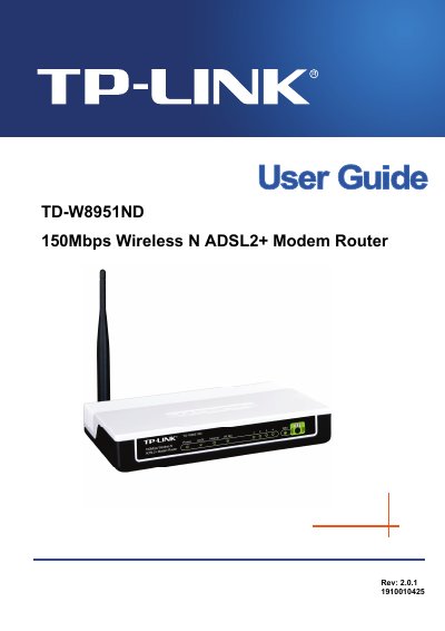 TP-Link TD-W8951ND Wireless N ADSL2+ Modem Router User Guide - cover page