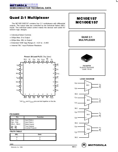 Motorola MC10E157/MC100E157 Quad 2:1 Multiplexer Datasheet