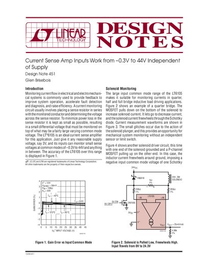 Linear Technology Design Note 451: Current Sense Amp Inputs Work from -0.3V to 44V Independent of Supply - cover page