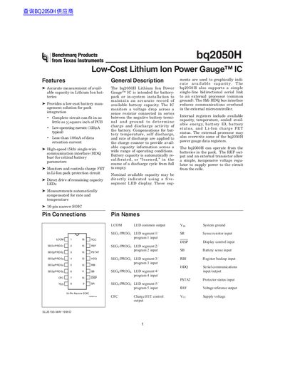 Texas Instruments bq2050H Low-Cost Lithium Ion Power Gauge IC Datasheet - cover page