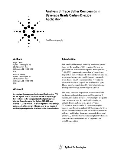 Agilent 6890 Analysis of Trace Sulfur Compounds in Beverage Grade Carbon Dioxide Application Note - cover page