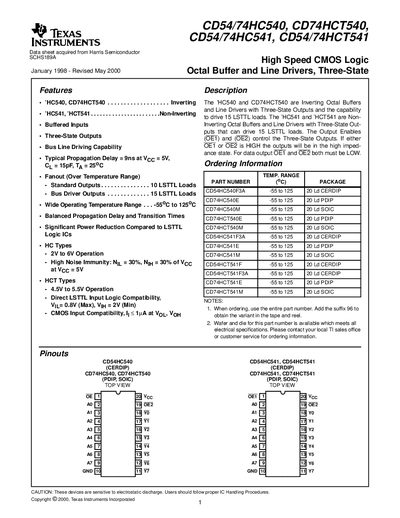 Texas Instruments CD54/74HC540, CD74HCT540, CD54/74HC541, CD74HCT541 Datasheet - cover page