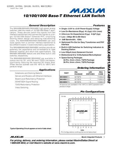 Maxim MAX4890/MAX4891/MAX4892 Ethernet LAN Switch Datasheet - cover page