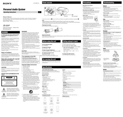 Sony ZS‑S2iP Personal Audio System User Manual - cover page