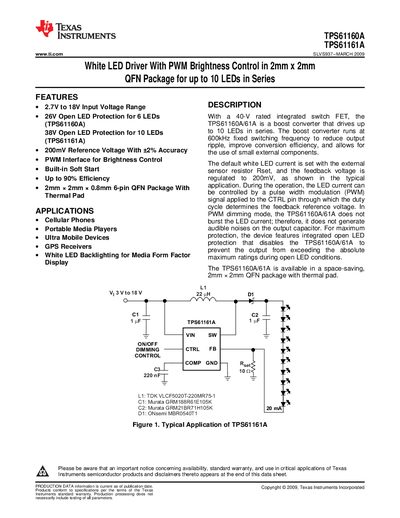 Texas Instruments TPS61160A/TPS61161A White LED Driver Datasheet - cover page