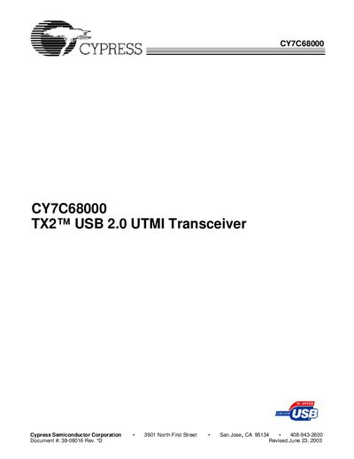 Cypress CY7C68000 TX2 USB 2.0 UTMI Transceiver Datasheet - cover page