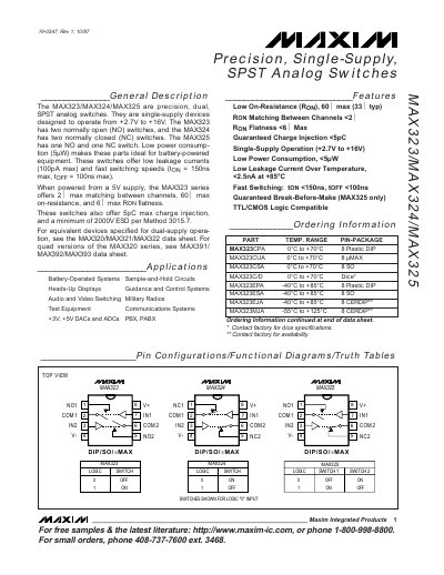 Maxim MAX323/MAX324/MAX325 Precision Single‑Supply SPST Analog Switches Datasheet - cover page