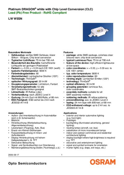 OSRAM LW W5SN LED Datasheet - cover page