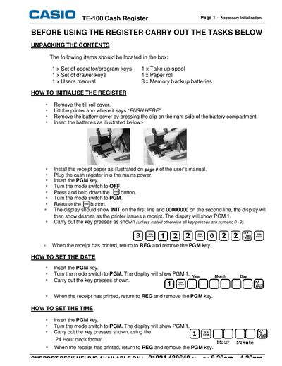 Casio TE-100 Cash Register User Manual - cover page
