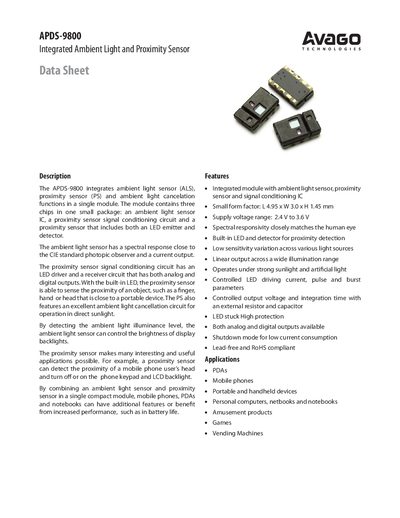 Avago APDS-9800 Integrated Ambient Light and Proximity Sensor Datasheet - cover page