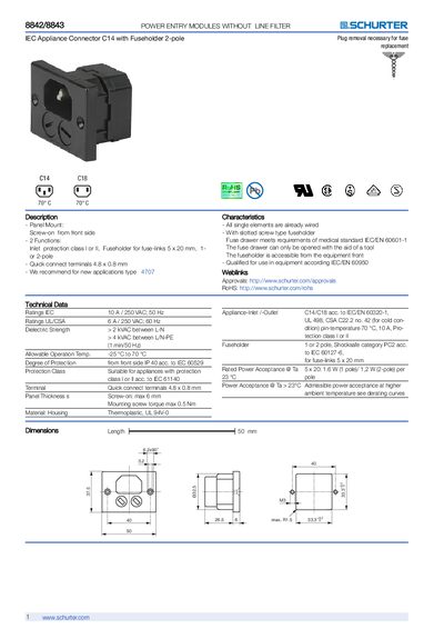 Schurter 8842/8843 IEC Appliance Connector C14 with Fuseholder 2-Pole Handbook - cover page