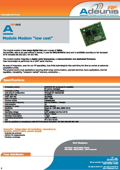 Adeunis ARF44 Module Modem Product Leaflet - cover page