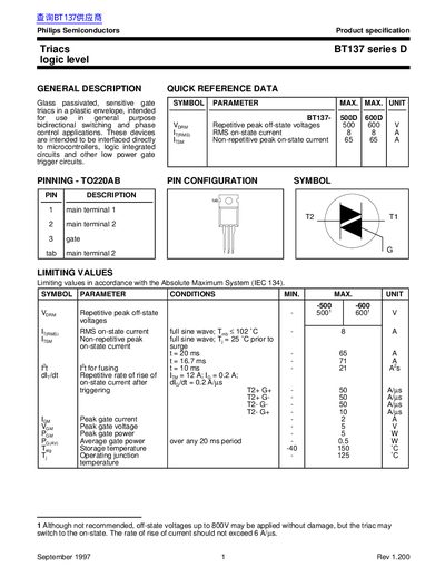 Philips Semiconductors BT137 Series D Triac Product Specification - cover page