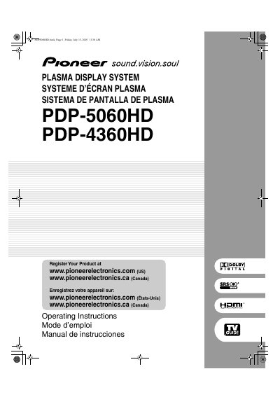 Pioneer PDP-5060HD/PDP-4360HD Plasma Display System Operating Instructions - cover page