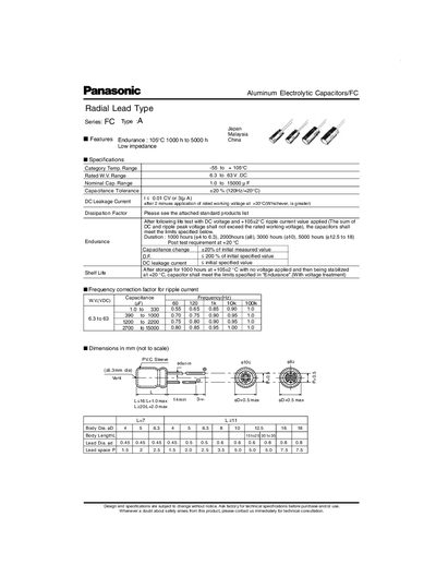 Panasonic FC Type-A Radial Lead Aluminum Electrolytic Capacitor Datasheet - cover page