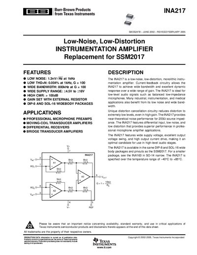 Texas Instruments INA217 Instrumentation Amplifier Datasheet - cover page