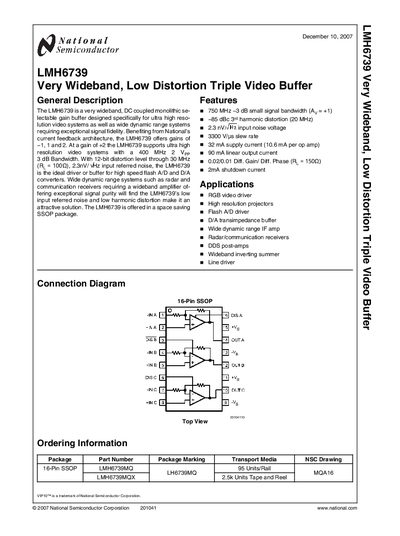 National Semiconductor LMH6739 Very Wideband Low Distortion Triple Video Buffer Manual - cover page