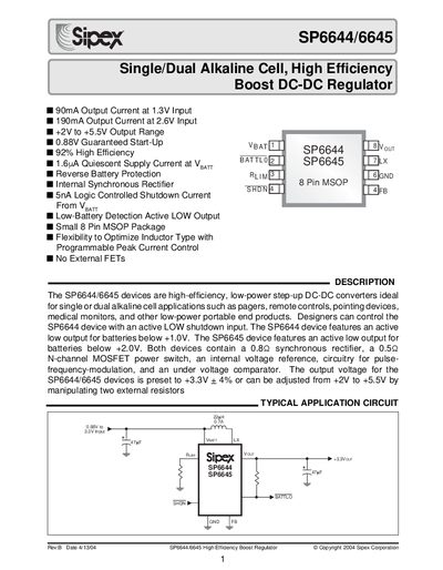 Sipex SP6644/6645 High Efficiency Boost Regulator Datasheet - cover page