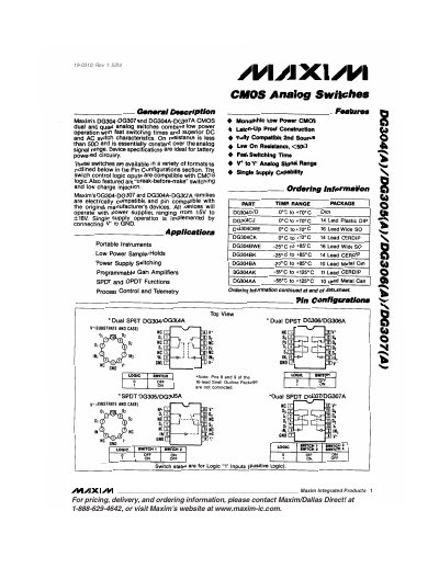 Maxim DG304(A) CMOS Analog Switch Data Sheet - cover page