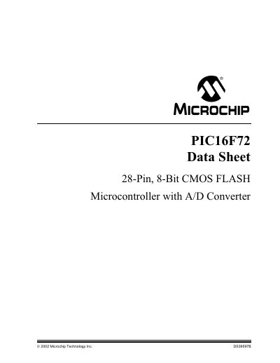 Microchip PIC16F72 Data Sheet - cover page