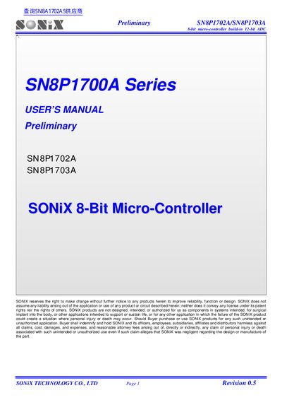 SONiX SN8P1700A Series USER S MANUAL Preliminary