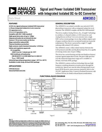 Analog Devices ADM3053 Isolated CAN Transceiver Datasheet - cover page