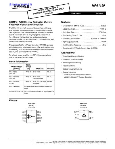 Intersil HFA1150 Datasheet - cover page