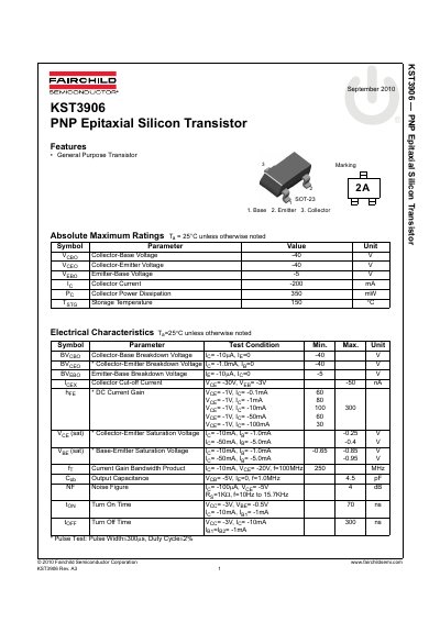 Fairchild Semiconductor KST3906 PNP Epitaxial Silicon Transistor Datasheet - cover page
