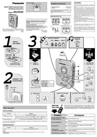 Panasonic RQ-CR18V Stereo Radio Cassette Player Operating Instructions - cover page