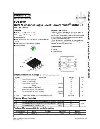 Fairchild Semiconductor FDS8949 Dual N-Channel Logic Level MOSFET Datasheet - cover page