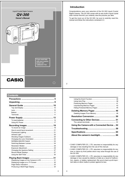 Casio QV-300 Liquid Crystal Digital Camera Owner's Manual - cover page