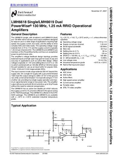 National Semiconductor LMH6618/LMH6619 Operational Amplifiers Datasheet - cover page