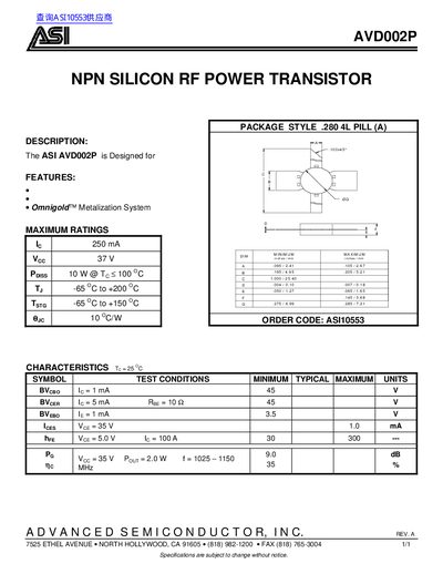 ASI AVD002P NPN Silicon RF Power Transistor Datasheet - cover page