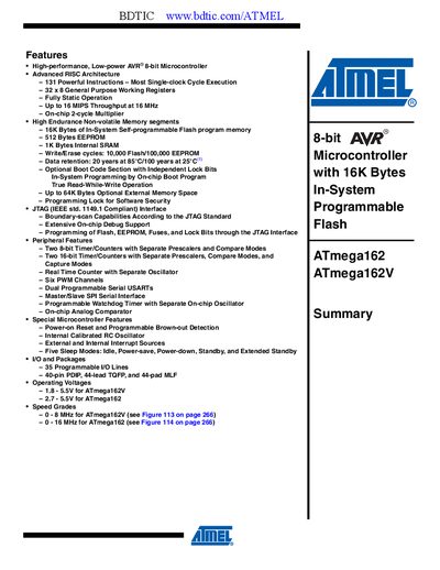 ATMEL Atmel AVR micro controller ATmega162 ATmega162V handbook  - cover page