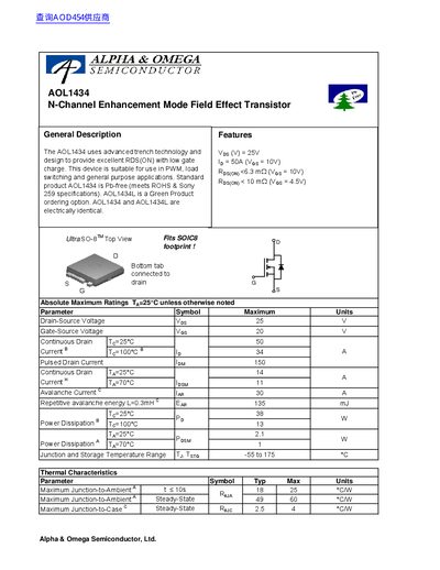 Alpha & Omega AOL1434 N-Channel Enhancement Mode FET Datasheet - cover page