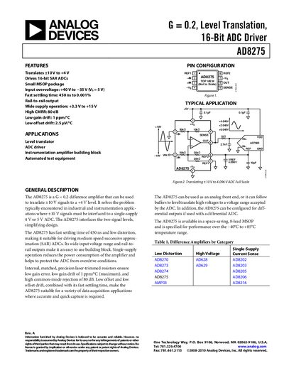 Analog Devices AD8275 Difference Amplifier Datasheet