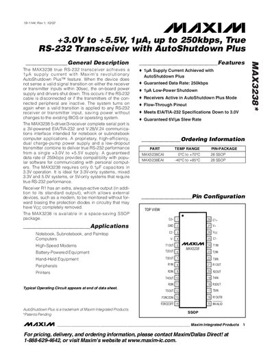 Maxim MAX3238 RS-232 Transceiver Datasheet - cover page