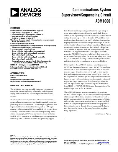 Analog Devices ADM1060 Communications System Supervisory/Sequencing Circuit Datasheet - cover page