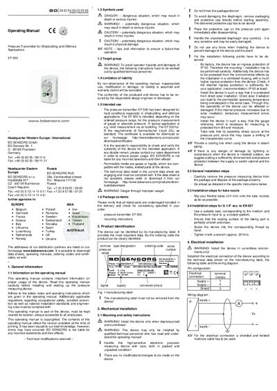 BD Sensors EP 500 Pressure Transmitter Operating Manual - cover page