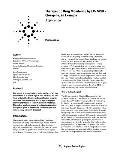 Agilent 1100 LC/MSD Therapeutic Drug Monitoring Application Note: Clozapine Example - cover page