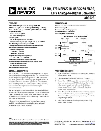 Analog Devices AD9626 12‑Bit ADC Datasheet Rev 0