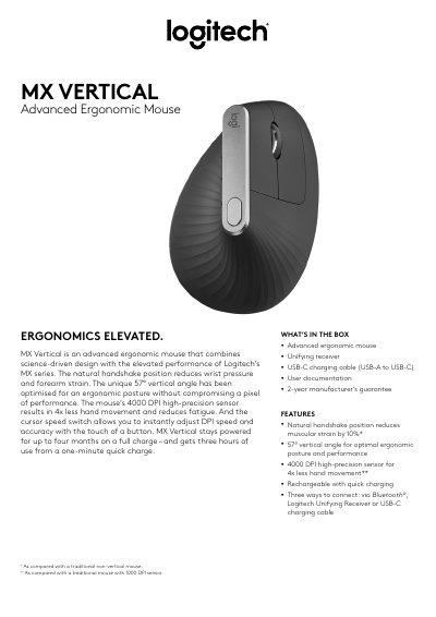 Logitech MX Vertical Ergonomic Mouse Product Leaflet - cover page