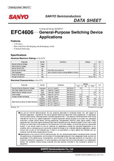 SANYO EFC4606 N-Channel MOSFET Datasheet - cover page