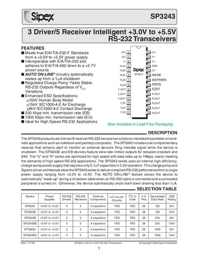 Sipex SP3243 RS-232 Transceivers Handbook - cover page