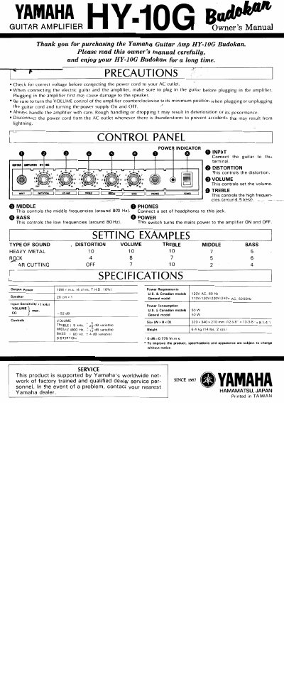 Yamaha HY-10G Budokan Guitar Amp Owner's Manual - cover page