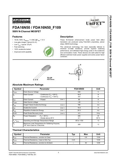 FAIRCHILD FDA16N50 FDA16N50_F109 Manual - cover page