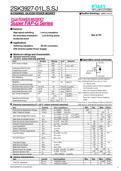 Fuji Electric 2SK3927-01L N-Channel Silicon Power MOSFET Datasheet - cover page