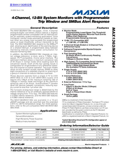 Maxim MAX1363/MAX1364 4-Channel 12-Bit System Monitors with Programmable Trip Window SMBus Alert Response Datasheet - cover page
